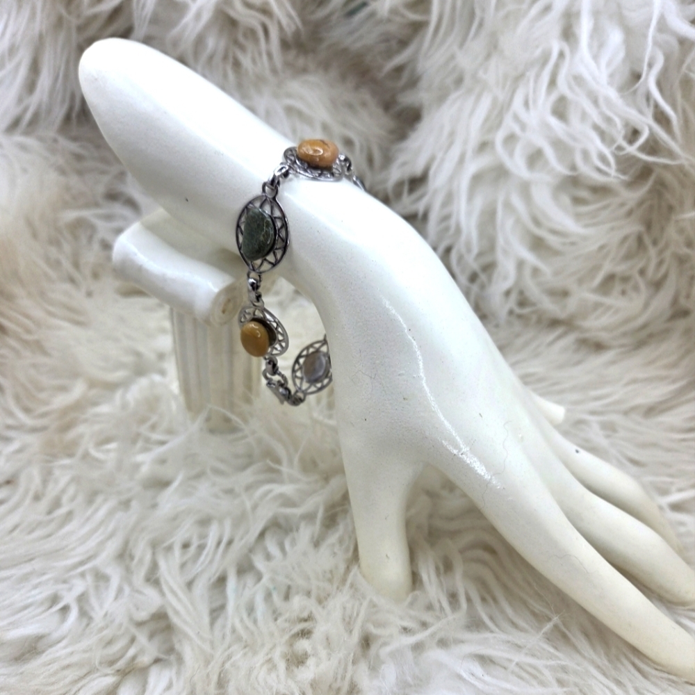 Sterling Silver Irish Beach Stone Bracelet Green Yellow